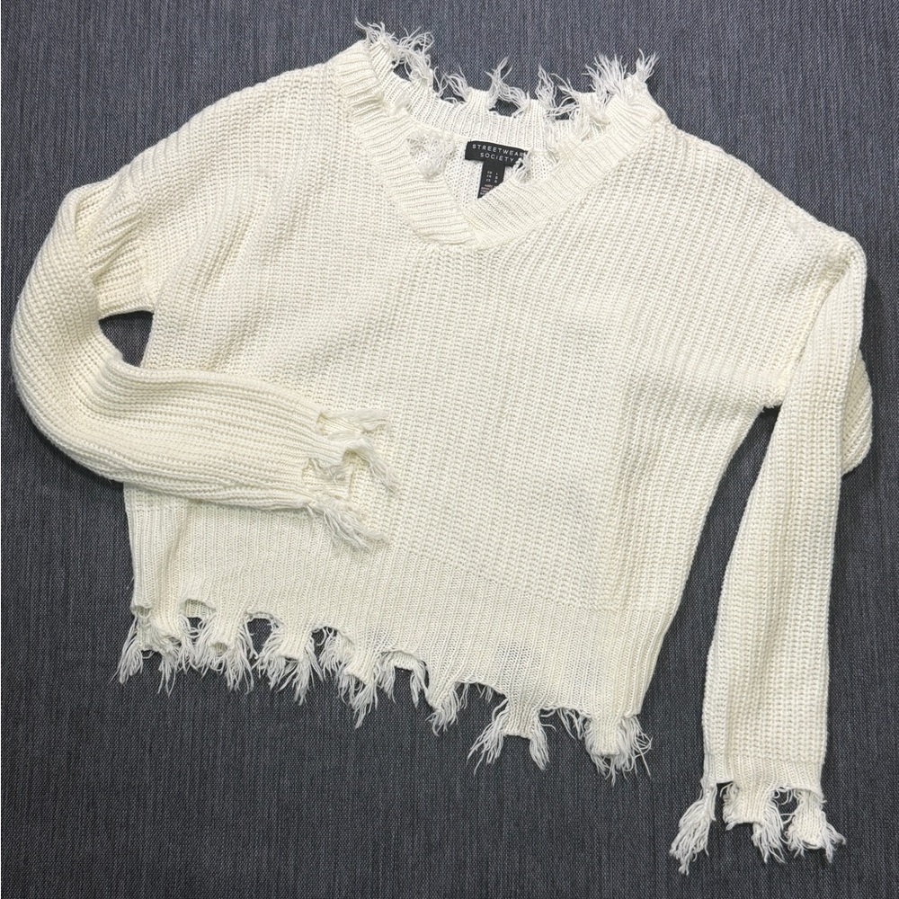 Streetwear Society Ivory Distressed Knit Sweater
